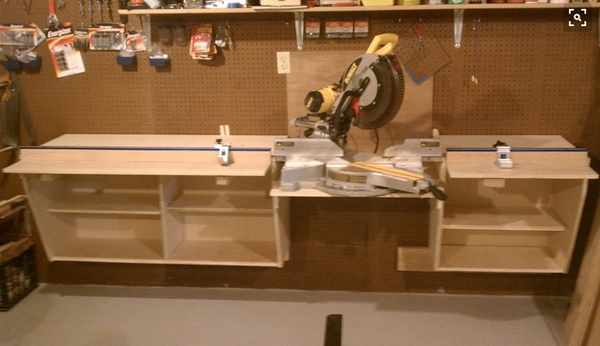 Wall hung miter saw bench